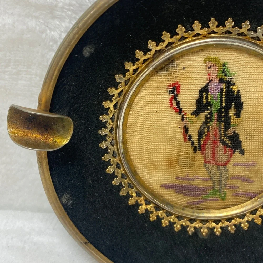VTG‎ Micro Needlepoint Ashtray Figure Man Brass Trim Black